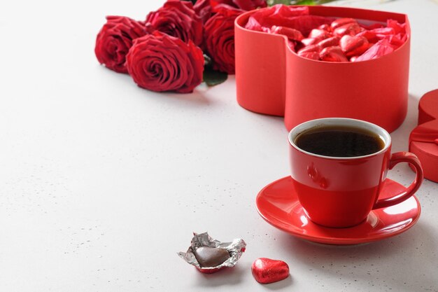 Red hearts chocolate sweets red roses for valentines day