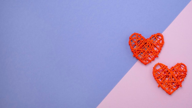 Red hearts on color background Valentines day bacground Top view copy space