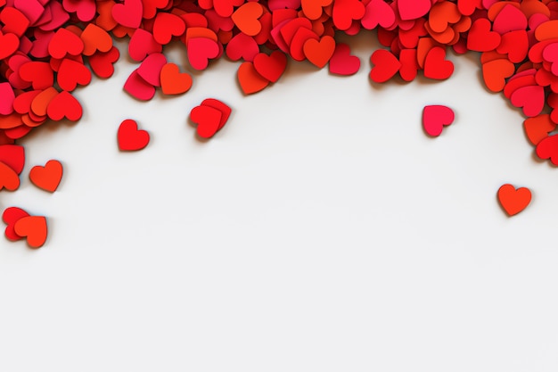 Red hearts confetti. Scatter cornered border on white background. 3D rendering illustration