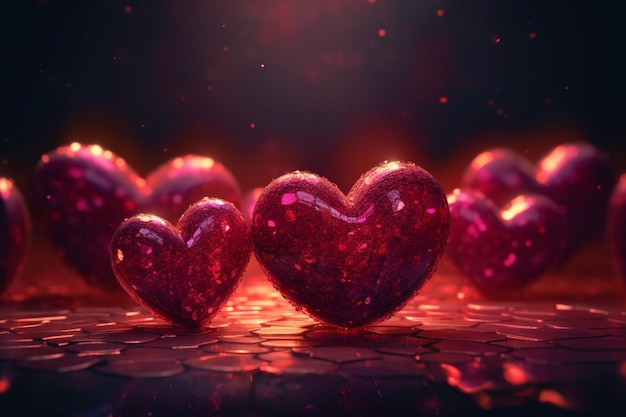 Red hearts on a dark light background