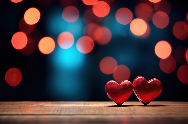 red hearts on the desk beside red light on a dark wooden table in the style of bokeh art