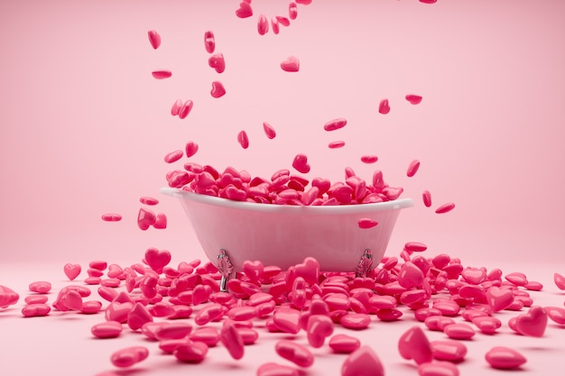 Cuori rossi che cadono sulla vasca da bagno bianca su fondo rosa 3d rendono il concetto minimo di idea