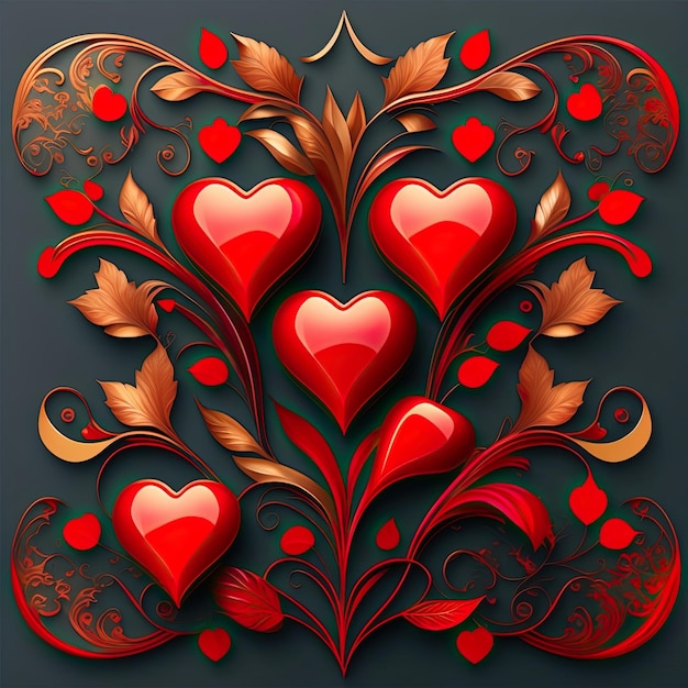 Red hearts and floral ornament