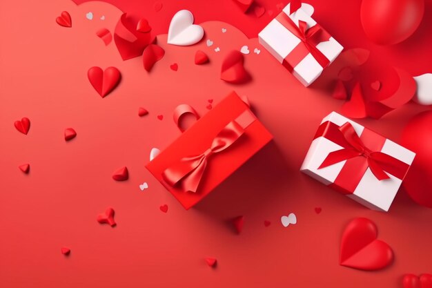 Red hearts and gift boxes on a red background