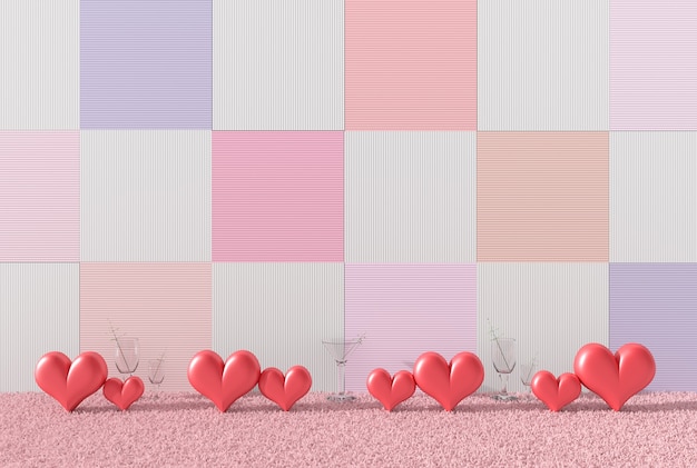 Red hearts&glass wine on pink carpet, variety colors wood walls. Love on Valentine`s Day. 