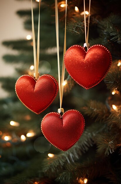 Red hearts hanging on a Christmas tree Valentine's day background