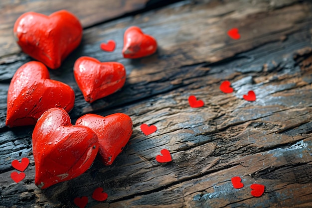 Red hearts on old wooden planks