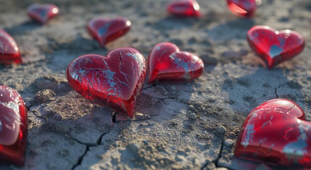 Red hearts scattered on a cracked earth surface