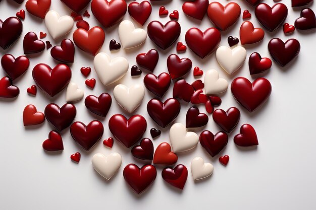 red hearts scattered on a white background