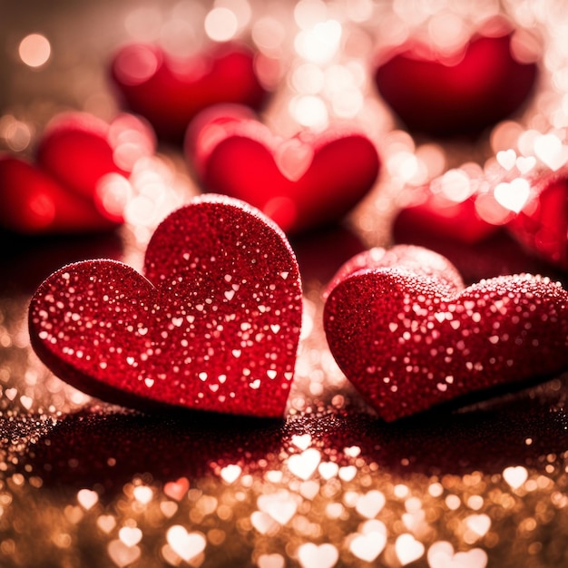 Red hearts on shiny glitter background