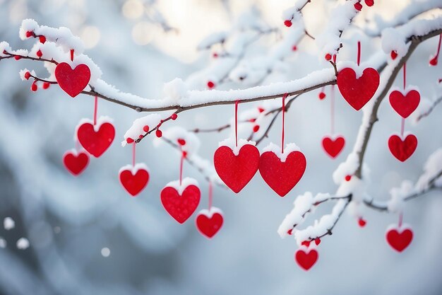 Foto cuori rossi sul ramo di un albero innevato in inverno vacanze felice festa di san valentino cuore concetto di amore