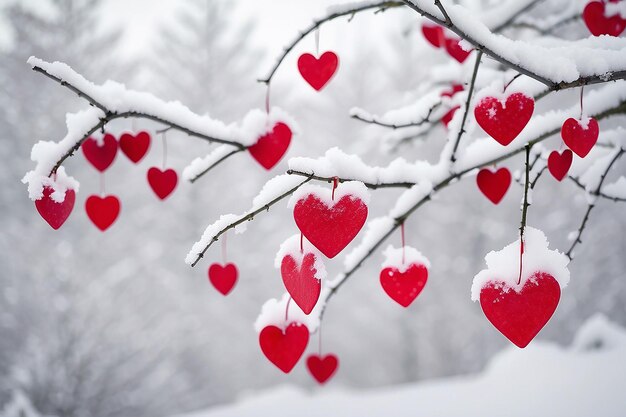 Foto cuori rossi sul ramo di un albero innevato in inverno vacanze felice festa di san valentino cuore concetto di amore