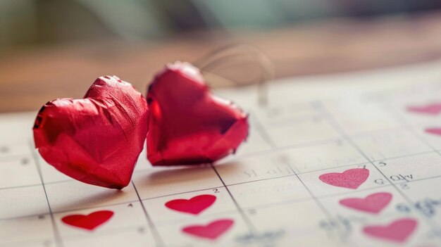Red hearts for valentines on calendar detail and concept for valentines day