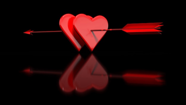 Red hearts with arrow in it in 3d illustration