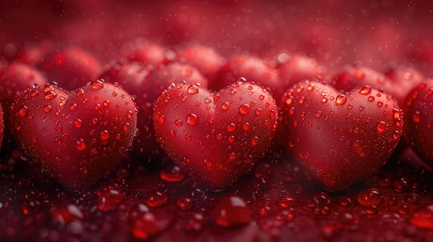 Photo red hearts with drops of water on a red background