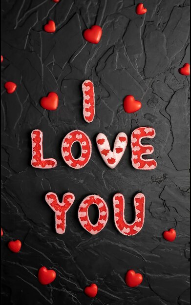 Red hearts with inscription I love you on a black background for Happy Valentines Day top view