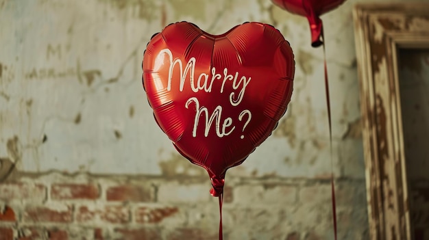 Red heartshaped balloon with the inscription marry me on a brick wall background