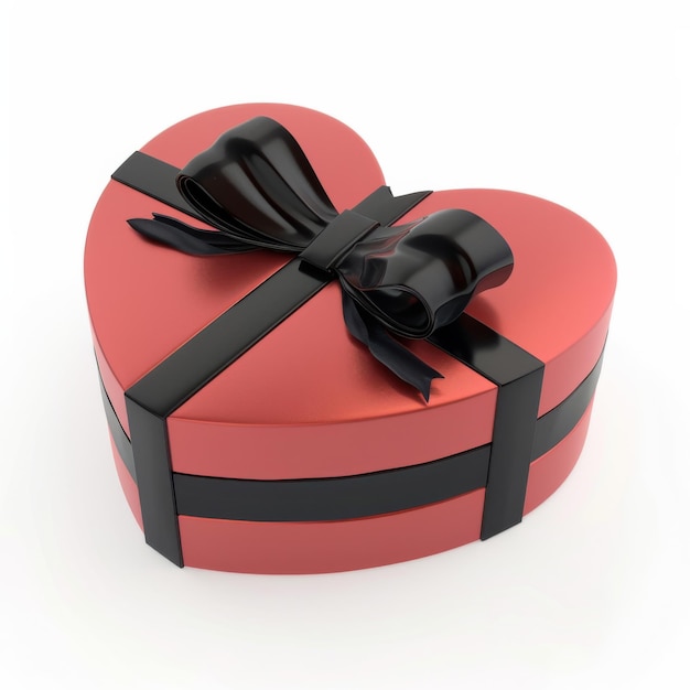 Foto scatola regalo a forma di cuore rossa con nastro nero su sfondo bianco