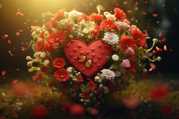Photo a red heartshaped love note attached to a bouquet 00284 01