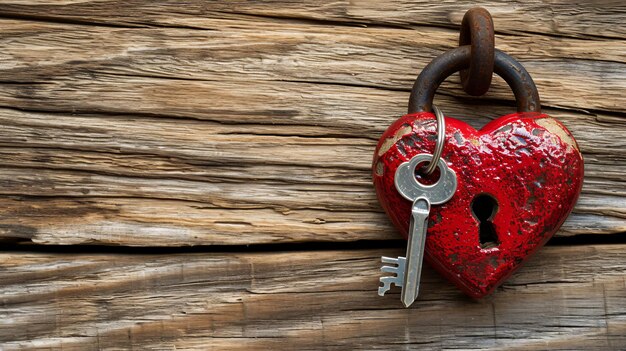 Red HeartShaped Padlock with Key on Wooden Background