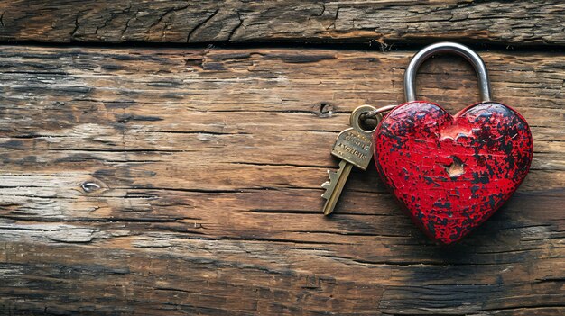 Red HeartShaped Padlock with Key on Wooden Background
