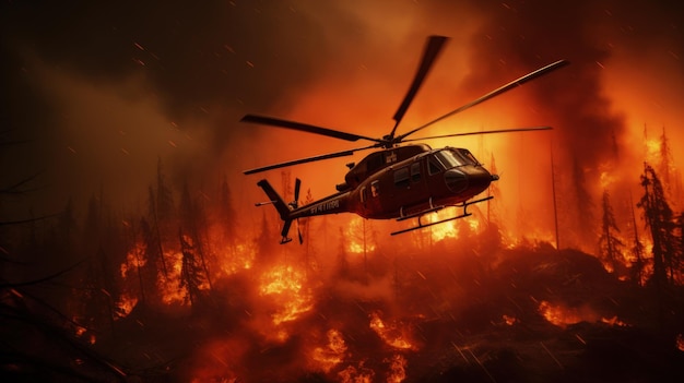 Red helicopter flying over burning forest generative ai