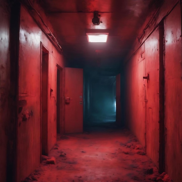 Red hellish corridor full of smoke lit with a red fluorescent and industrial of a bunker