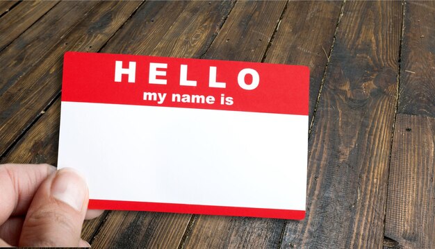 Photo red hello my name is tag with copy space