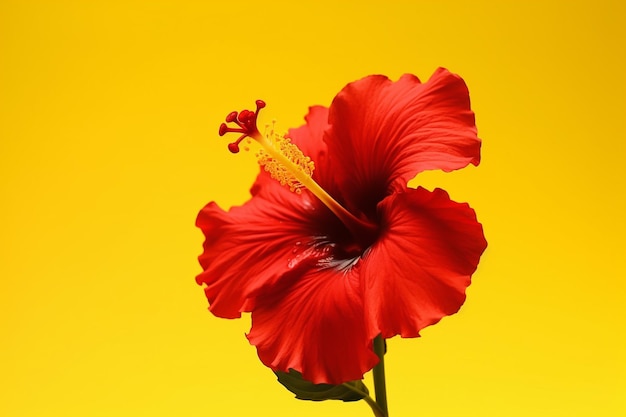 a red hibiscus flower isolated on yellow background