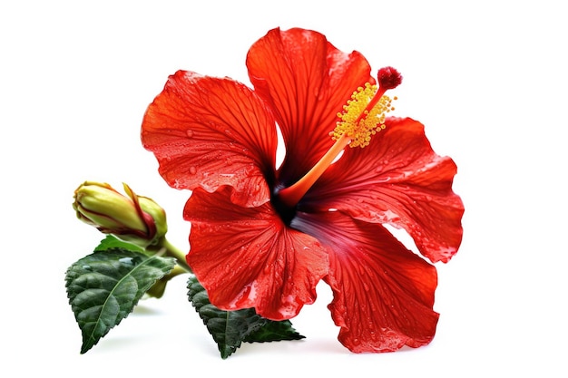 A red hibiscus flower with green leaves