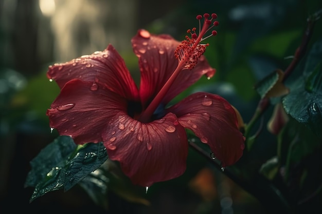 A red hibiscus flower with water drops on it