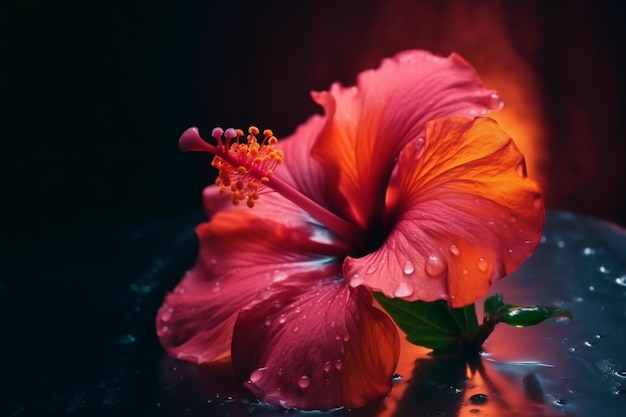 A red hibiscus flower with water drops on it