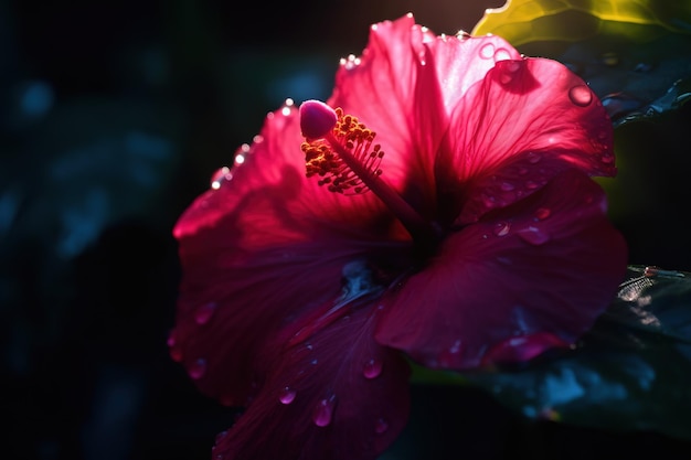 A red hibiscus flower with water drops on it