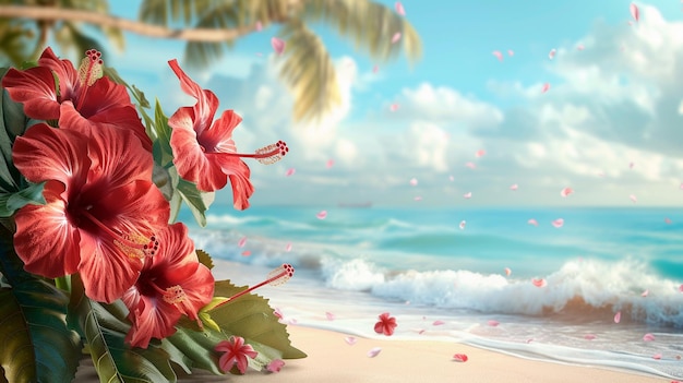 Красные цветы гибиска на пляже