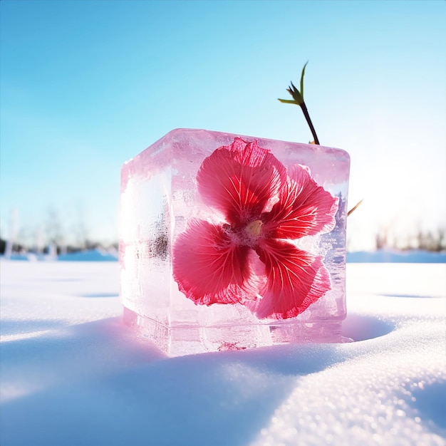 Photo a red hibiscus rosa is in a block of ice in the snow