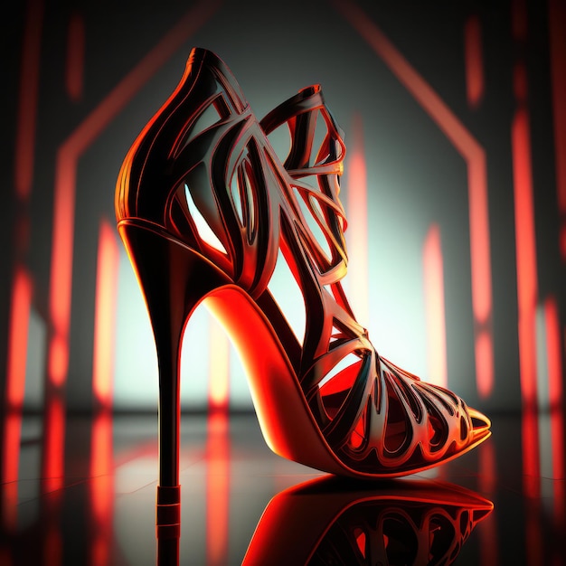 A red high heeled shoe with a black background and red lines.