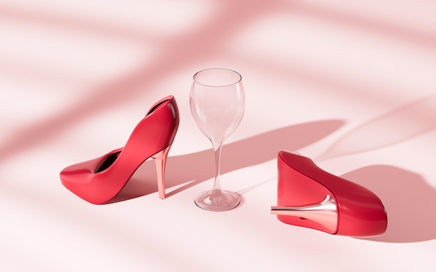 분홍색 배경 3d 렌더링에 빨간색 굽이 높은 신발과 와인 잔