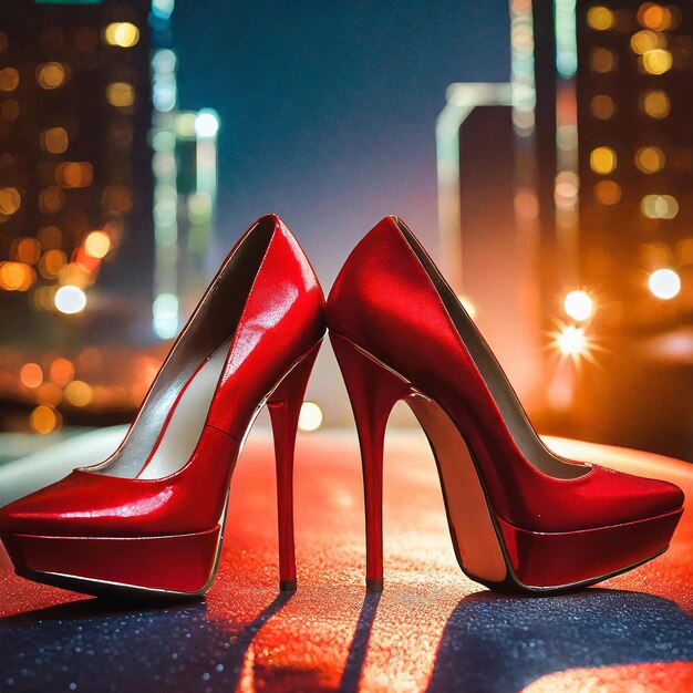 Red HighHeeled Stilettos in City Lights