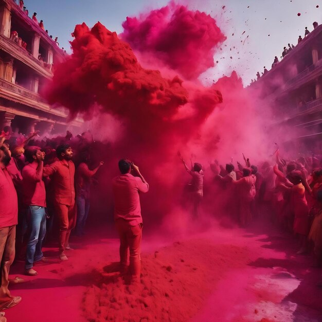 Red holi color explosion over the crowd