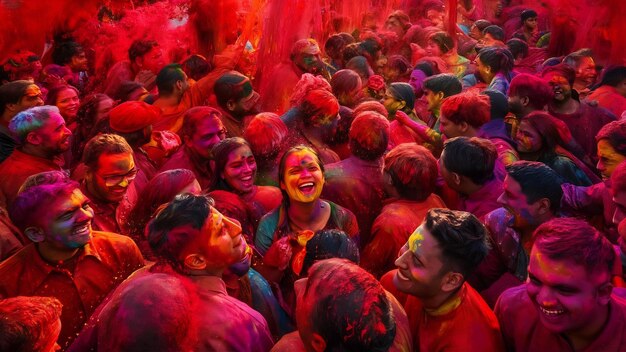 Red holi color explosion over the crowd