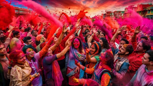 Red holi color explosion over the crowd