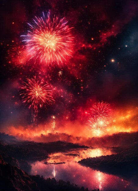 Red holiday fireworks background with sparks colored stars and bright nebula on black night sky universe Amazing beauty colorful fireworks display on celebration showing Holidays backgrounds