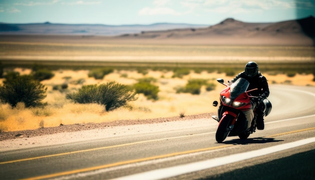 A red honda cbr motorcycle is driving down a highway.