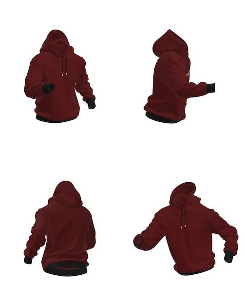 red hoodie in dynamic poses isolated casual sweatshirt on white background