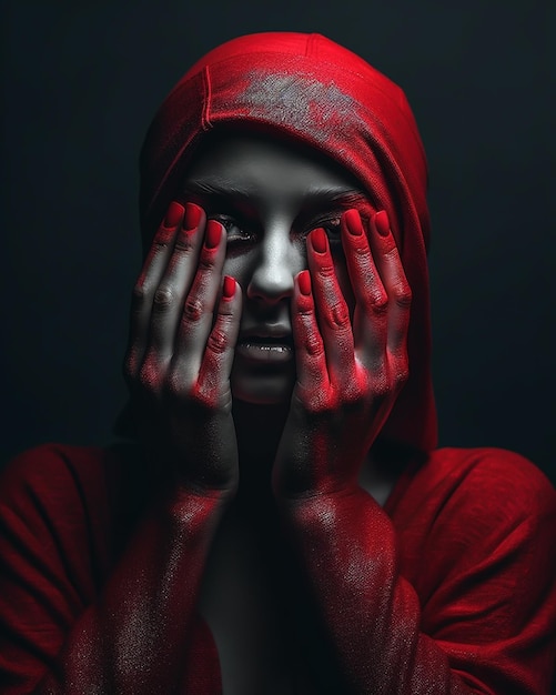 A red hoodie with the face painted in red is covered with red paint.