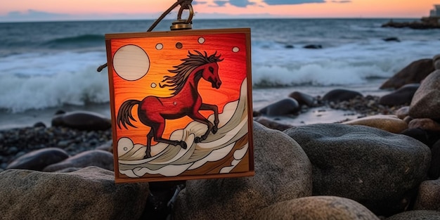 Красный конный фонарь на деревянной доске у моря