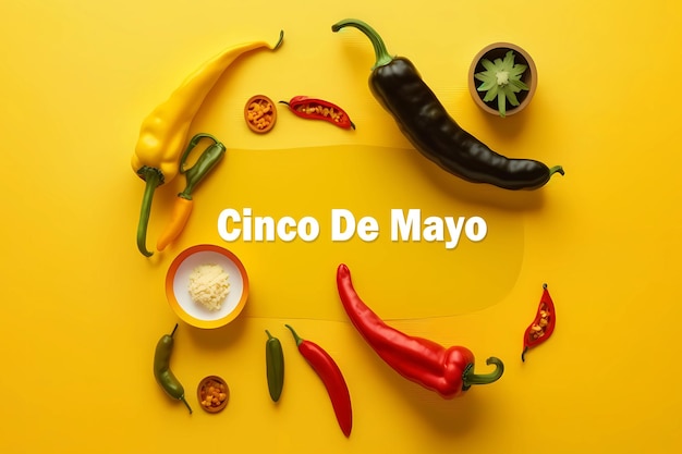 Red hot chili mexican food on yellow background with copy space for your text view from above flat lay