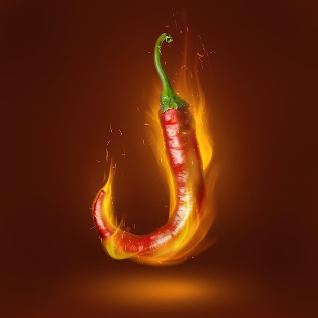 Red hot chili peper op bruin oppervlak met vlam