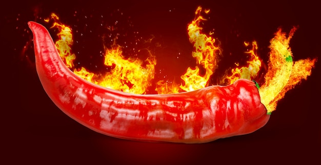 Red hot chili pepper on black background with flame