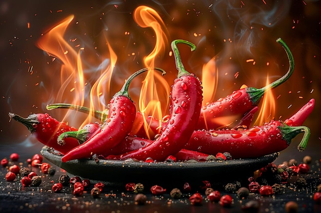 Foto peperoncino rosso e piccante in fiamme su sfondo nero generato dall'ai